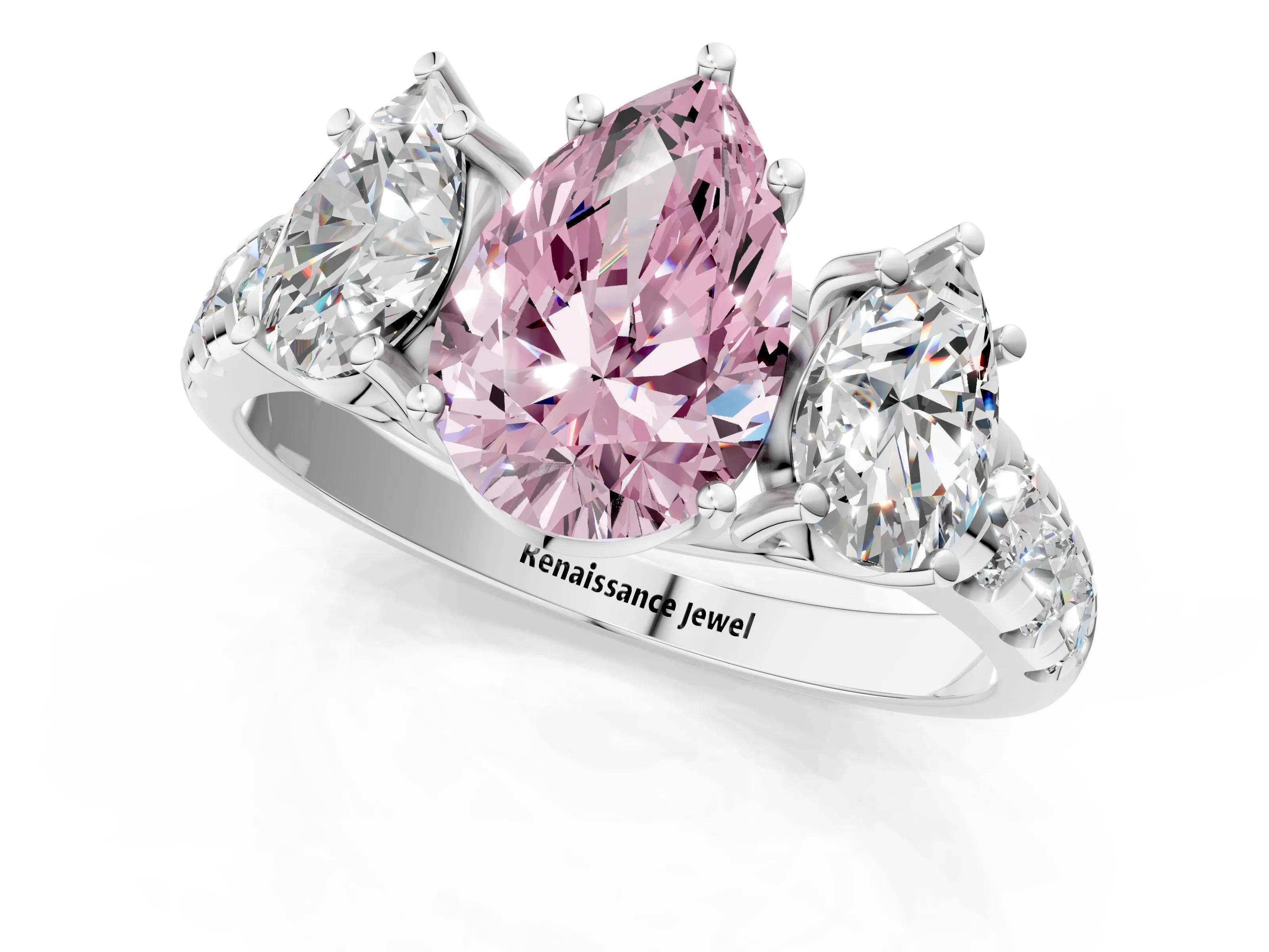 White gold Three-Stone Fancy Pink Pear Cut Diamond Pavé Band with Prong Setting_1