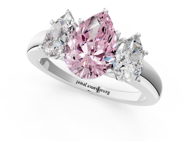 White gold Fancy Pink Pear Cut Diamond Three-Stone Ring with Four-Prong Setting and Classic Band