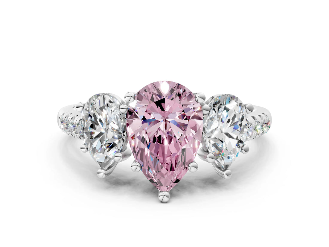 White gold Three-Stone Fancy Pink Pear Cut Diamond Ring with Pavé Band and Prong Setting_158