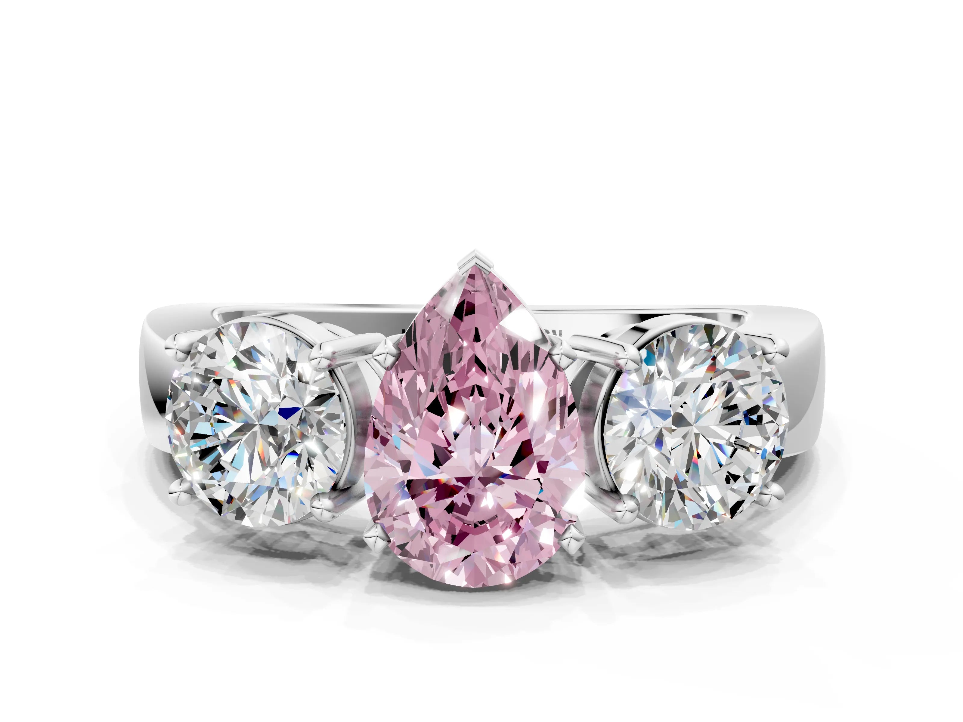 White gold Three-Stone Fancy Pink Pear Cut Diamond Ring with Round Side Stones, Classic Band, and Four-Prong Setting_12