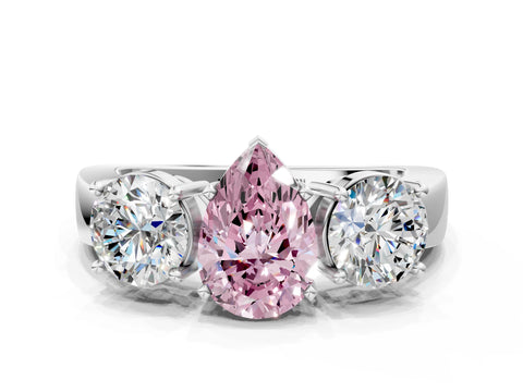 White gold Three-Stone Fancy Pink Pear Cut Diamond Ring with Round Side Stones, Classic Band, and Four-Prong Setting_12