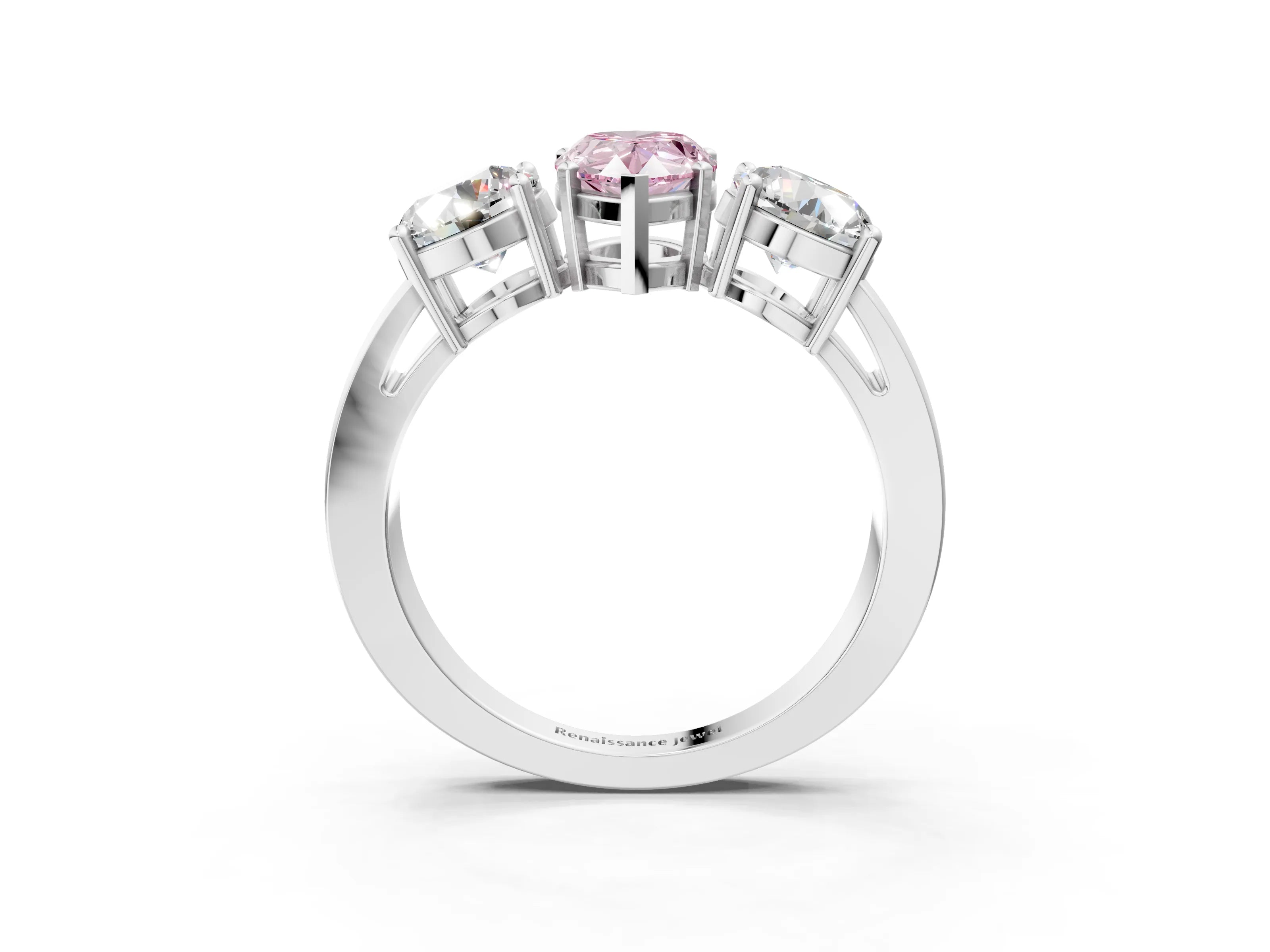 White gold Three-Stone Fancy Pink Pear Cut Diamond Ring with Round Side Stones, Classic Band, and Four-Prong Setting_15