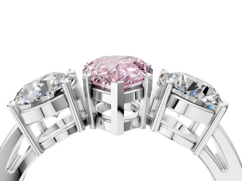 White gold Three-Stone Fancy Pink Pear Cut Diamond Ring with Round Side Stones, Classic Band, and Four-Prong Setting_16