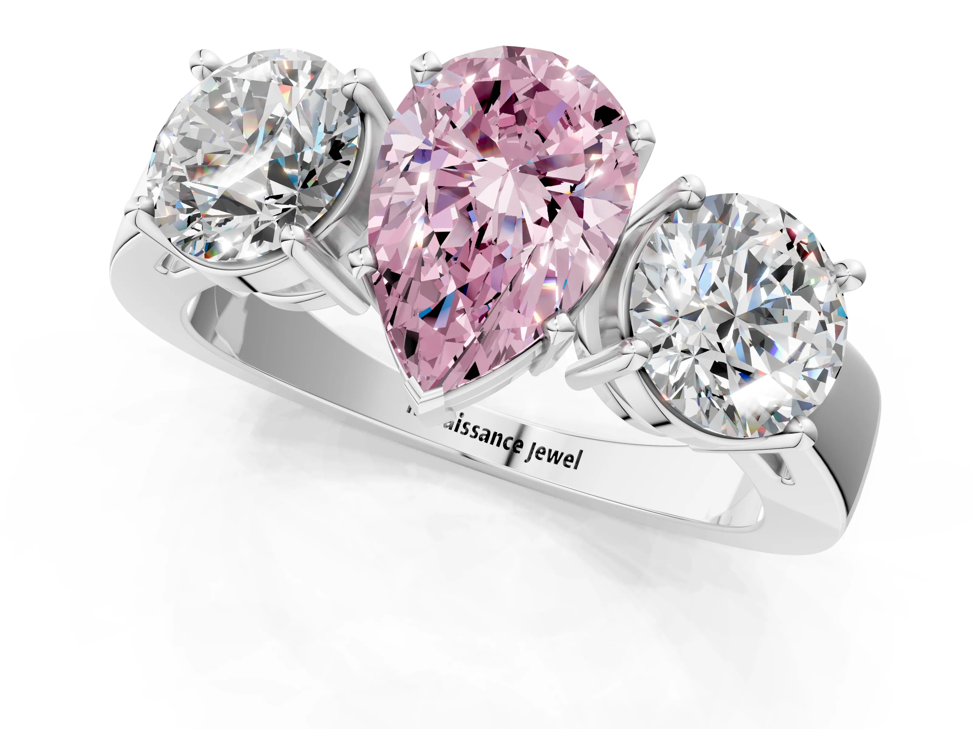 White gold Three-Stone Fancy Pink Pear Cut Diamond Ring with Round Side Stones, Classic Band, and Four-Prong Setting_19