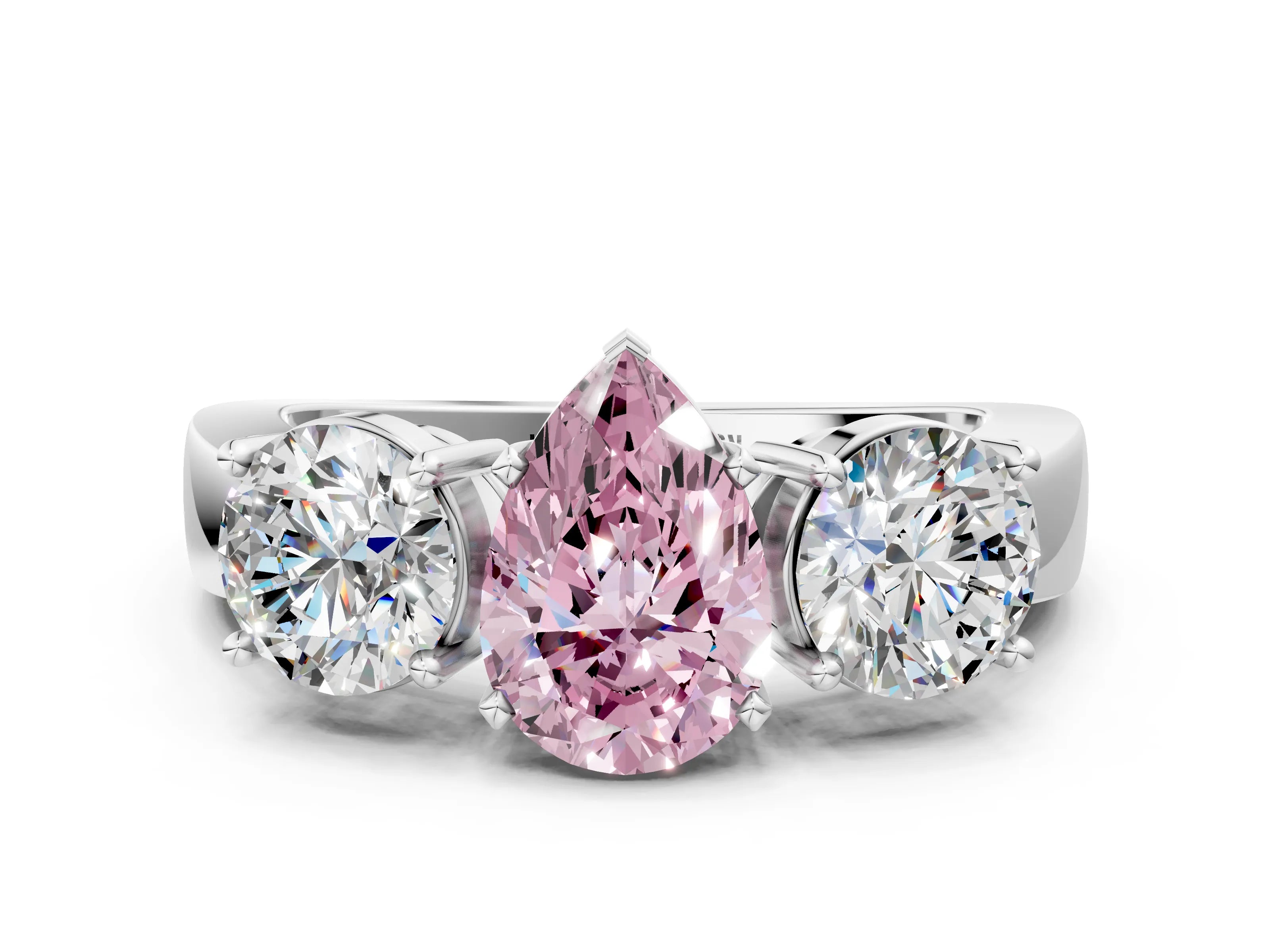 White gold Three-Stone Fancy Pink Pear Cut Diamond Ring with Round Side Stones, Classic Band, and Four-Prong Setting_24