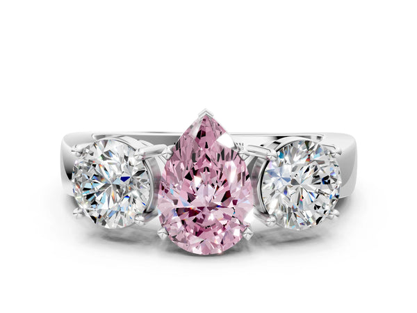 Platinum Three-Stone Fancy Pink Pear Cut Diamond Ring with Round Side Stones, Classic Band, and Four-Prong Setting