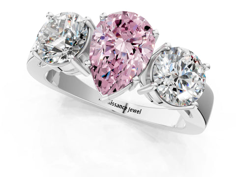 White gold Three-Stone Fancy Pink Pear Cut Diamond Ring with Round Side Stones, Classic Band, and Four-Prong Setting_25