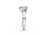 White gold Three-Stone Fancy Pink Pear Cut Diamond Ring with Round Side Stones, Classic Band, and Four-Prong Setting_26