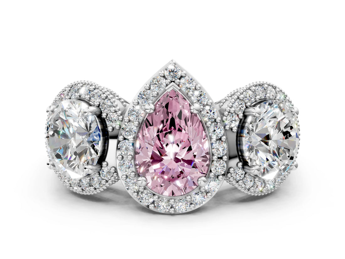White gold Three-Stone Fancy Pink Pear Cut Halo Diamond Milgrain Band with Four-Prong Setting