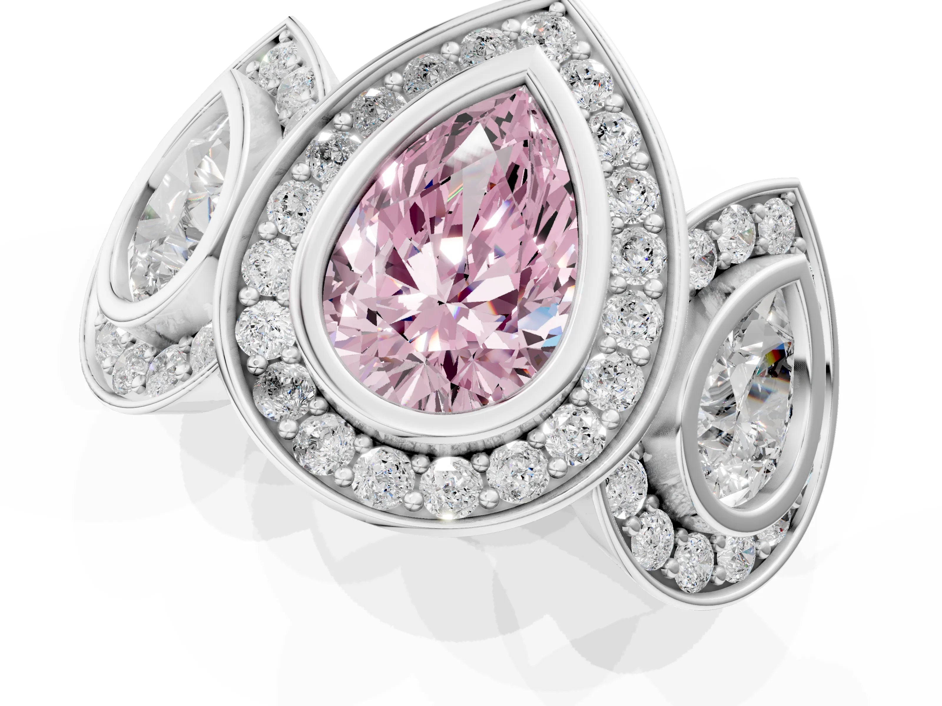 White gold Three-Stone Fancy Pink Pear Cut Halo Pavé Diamond Ring_1