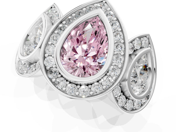 White gold Three-Stone Fancy Pink Pear Cut Halo Pavé Diamond Ring