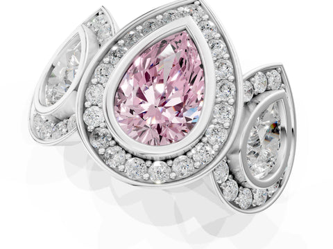 White gold Three-Stone Fancy Pink Pear Cut Halo Pavé Diamond Ring_1