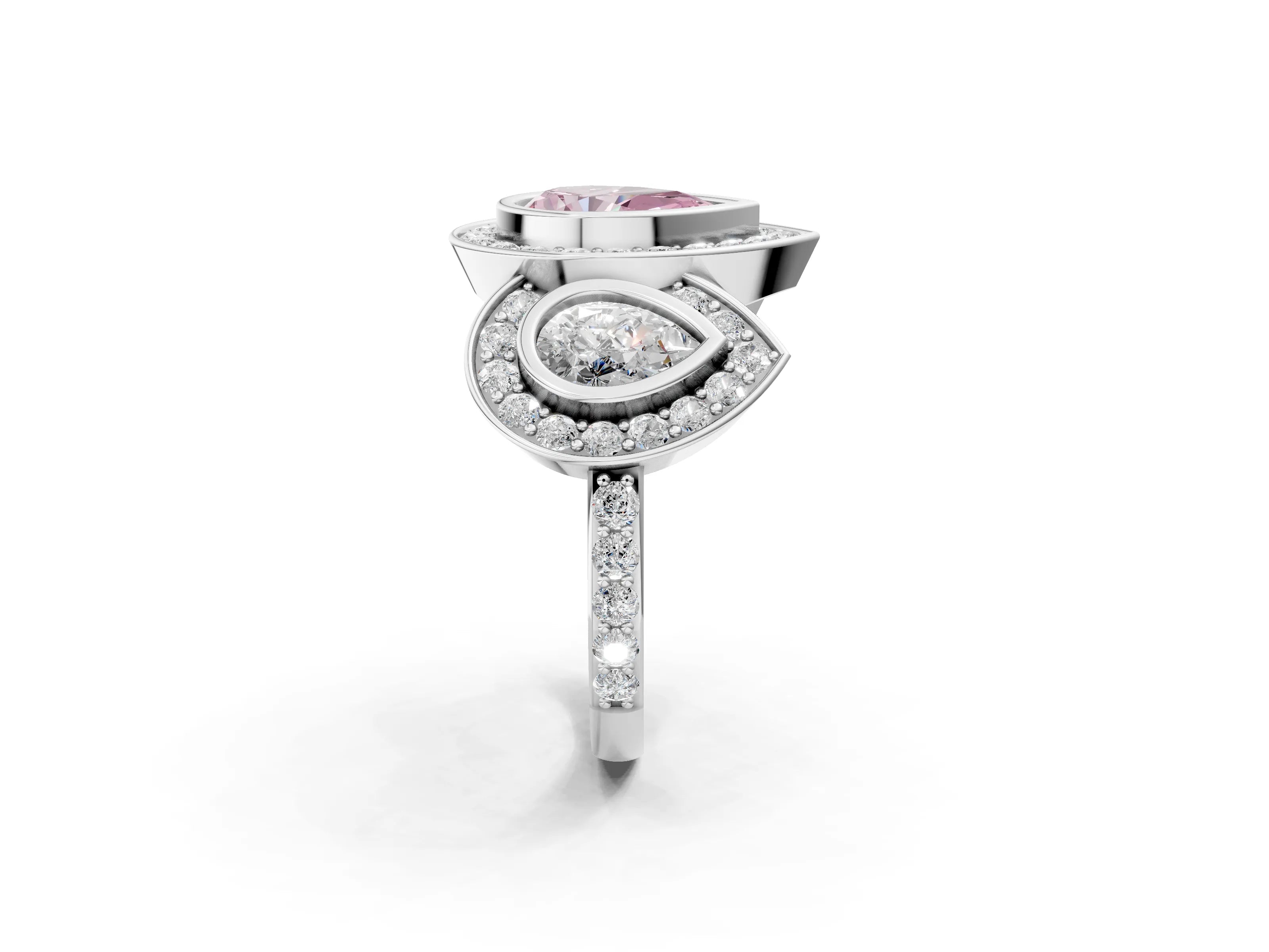 White gold Three-Stone Fancy Pink Pear Cut Halo Pavé Diamond Ring_2
