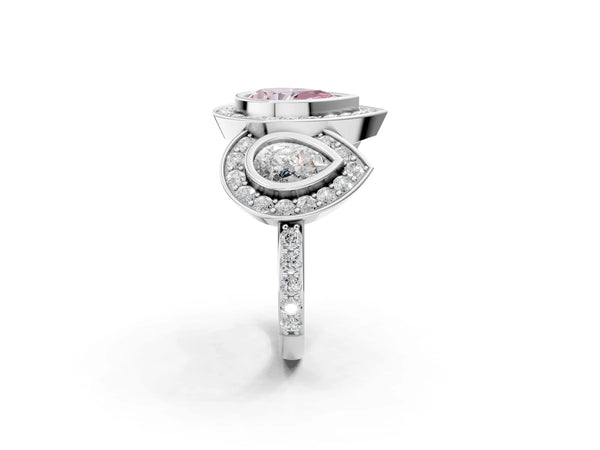 White gold Three-Stone Fancy Pink Pear Cut Halo Pavé Diamond Ring