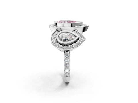 White gold Three-Stone Fancy Pink Pear Cut Halo Pavé Diamond Ring_2
