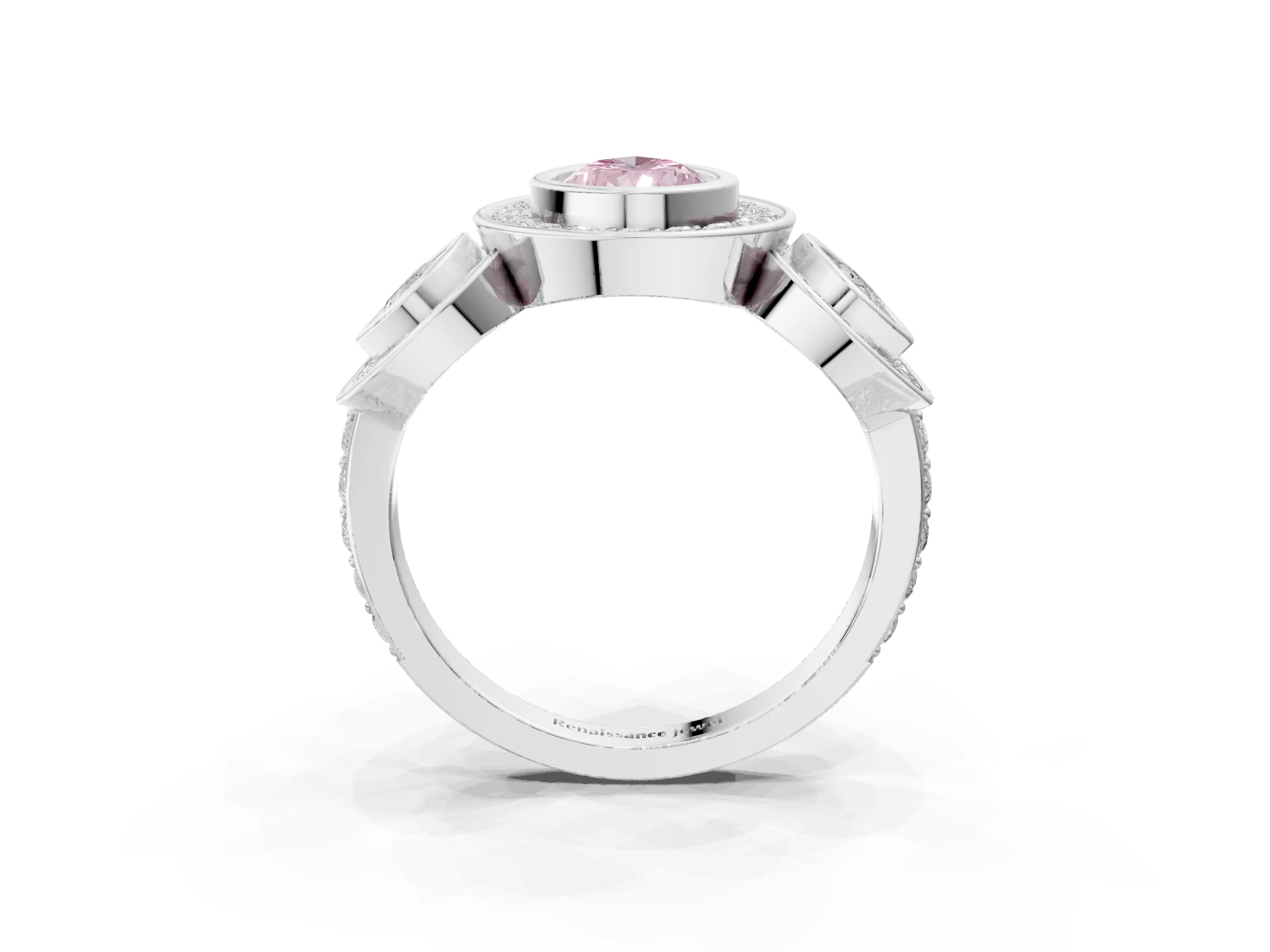 White gold Three-Stone Fancy Pink Pear Cut Halo Pavé Diamond Ring_3