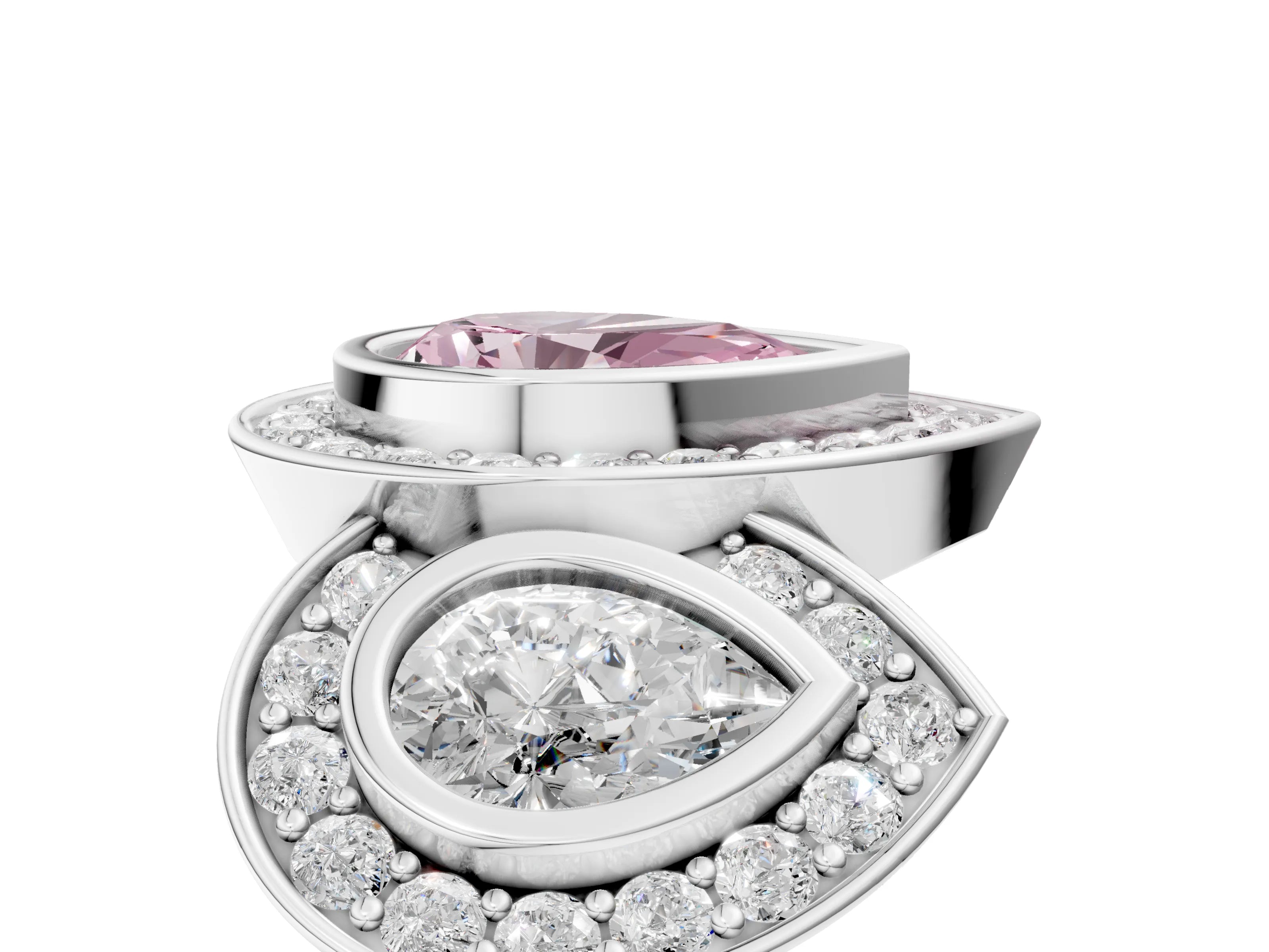 White gold Three-Stone Fancy Pink Pear Cut Halo Pavé Diamond Ring_5
