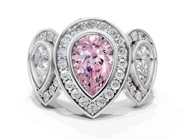 White gold Three-Stone Fancy Pink Pear Cut Halo Pavé Diamond Ring