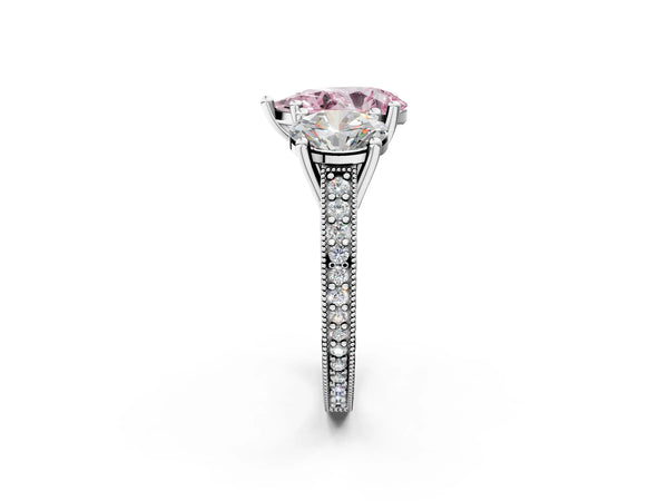 White gold Three-Stone Fancy Pink Pear  Diamond Milgrain Pave Band with Prong Setting