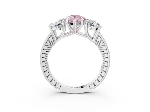 White gold Three-Stone Fancy Pink Pear  Diamond Milgrain Pave Band with Prong Setting
