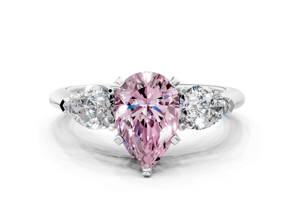 Platinum Three-Stone Fancy Pink Pear Cut Diamond Ring with Pear Side Stones and Four-Prong Setting