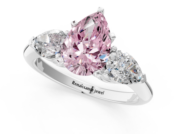 Platinum Three-Stone Fancy Pink Pear Cut Diamond Ring with Pear Side Stones and Four-Prong Setting