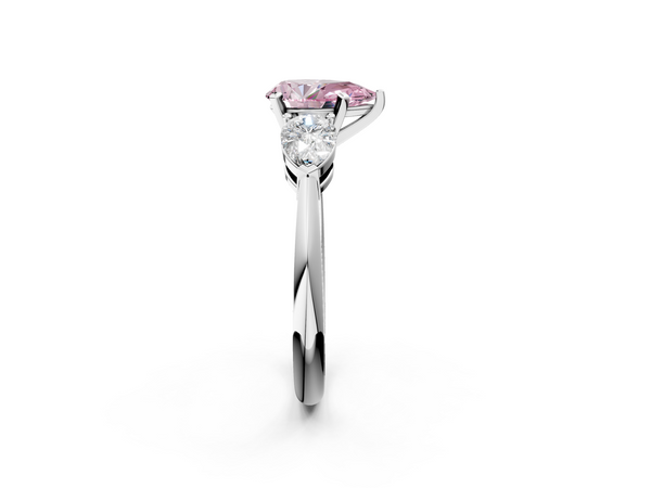 Platinum Three-Stone Fancy Pink Pear Cut Diamond Ring with Pear Side Stones and Four-Prong Setting