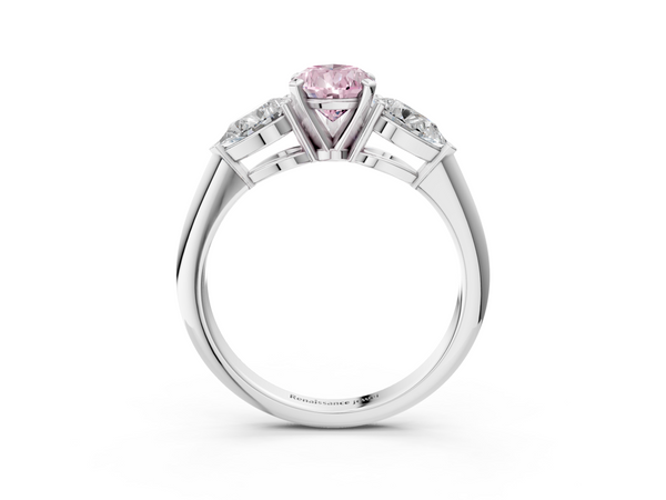 Platinum Three-Stone Fancy Pink Pear Cut Diamond Ring with Pear Side Stones and Four-Prong Setting
