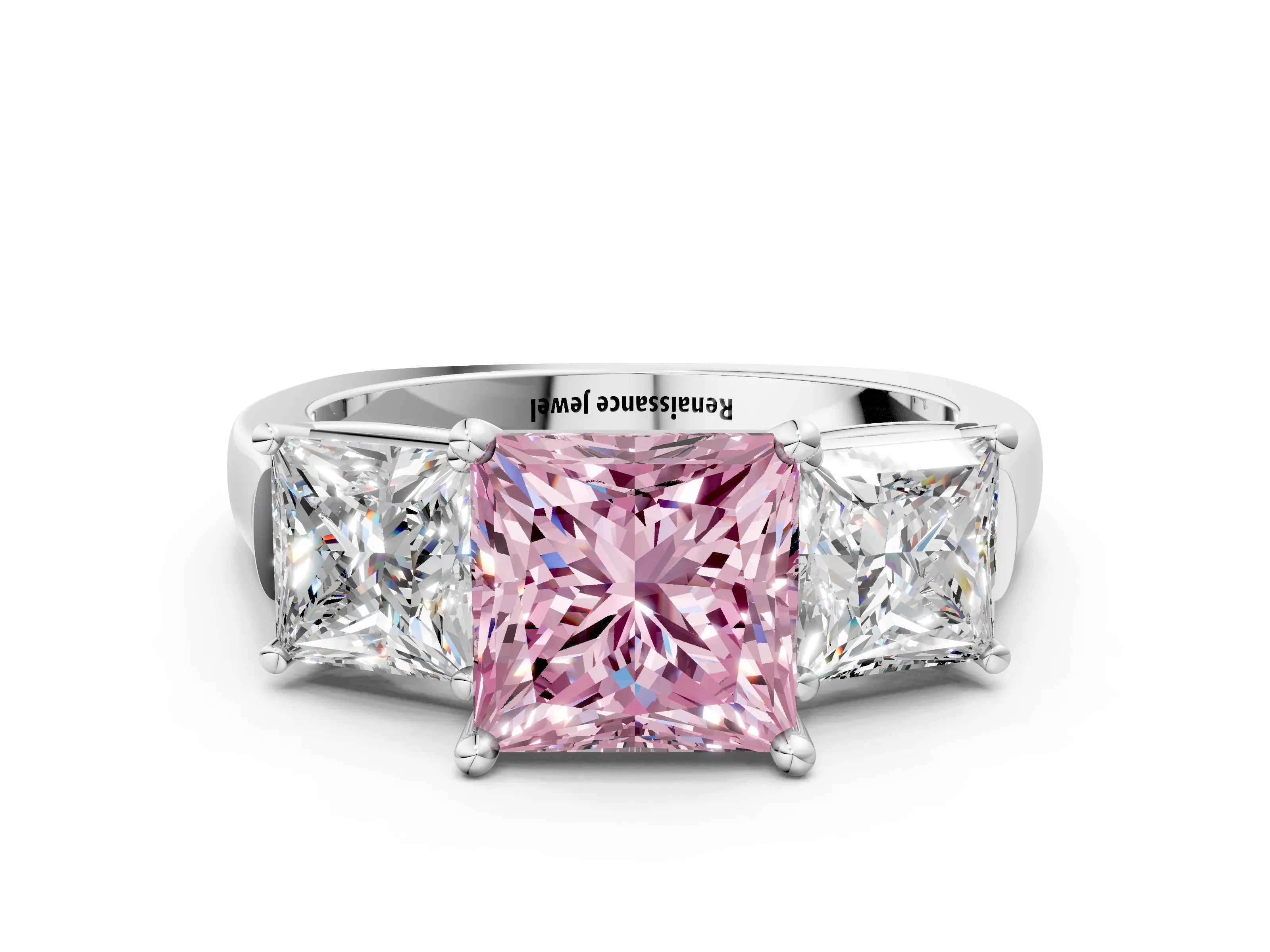 White gold Three-Stone Fancy Pink Princess Cut Brilliant Diamond Trellis Ring with Comfort Fit Band_12