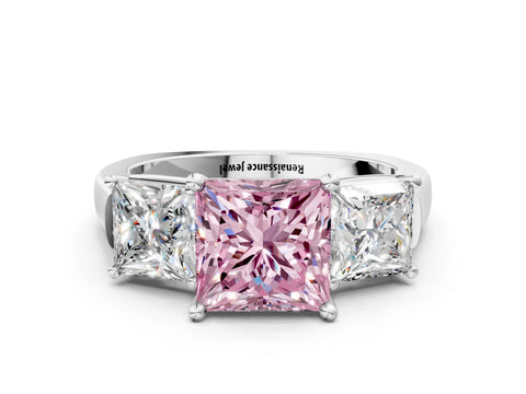 White gold Three-Stone Fancy Pink Princess Cut Brilliant Diamond Trellis Ring with Comfort Fit Band_12