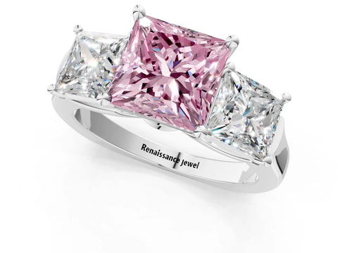 White gold Three-Stone Fancy Pink Princess Cut Brilliant Diamond Trellis Ring with Comfort Fit Band_13