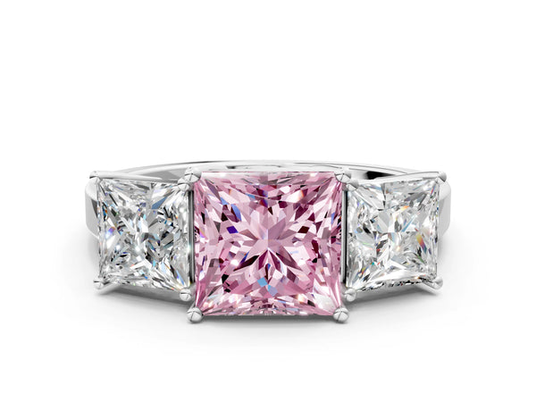 White gold Three-Stone Fancy Pink Princess Cut Cut Diamond Engagement Ring with Flat Band and Four-Prong Setting