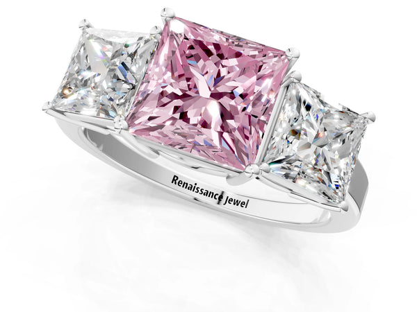 White gold Three-Stone Fancy Pink Princess Cut Cut Diamond Engagement Ring with Flat Band and Four-Prong Setting