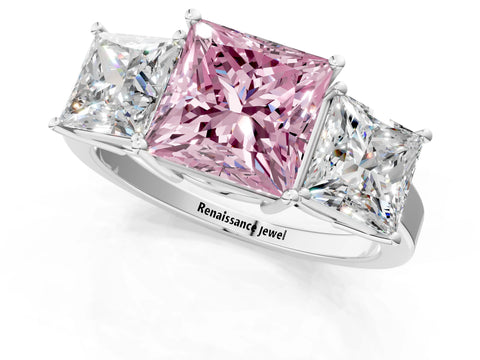 White gold Three-Stone Fancy Pink Princess Cut Cut Diamond Engagement Ring with Flat Band and Four-Prong Setting_13
