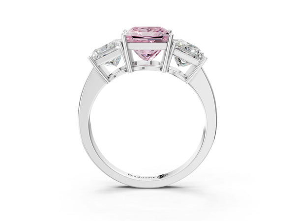 White gold Three-Stone Fancy Pink Princess Cut Cut Diamond Engagement Ring with Flat Band and Four-Prong Setting