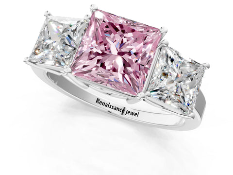 White gold Three-Stone Fancy Pink Princess Cut Cut Diamond Engagement Ring with Flat Band and Four-Prong Setting_1