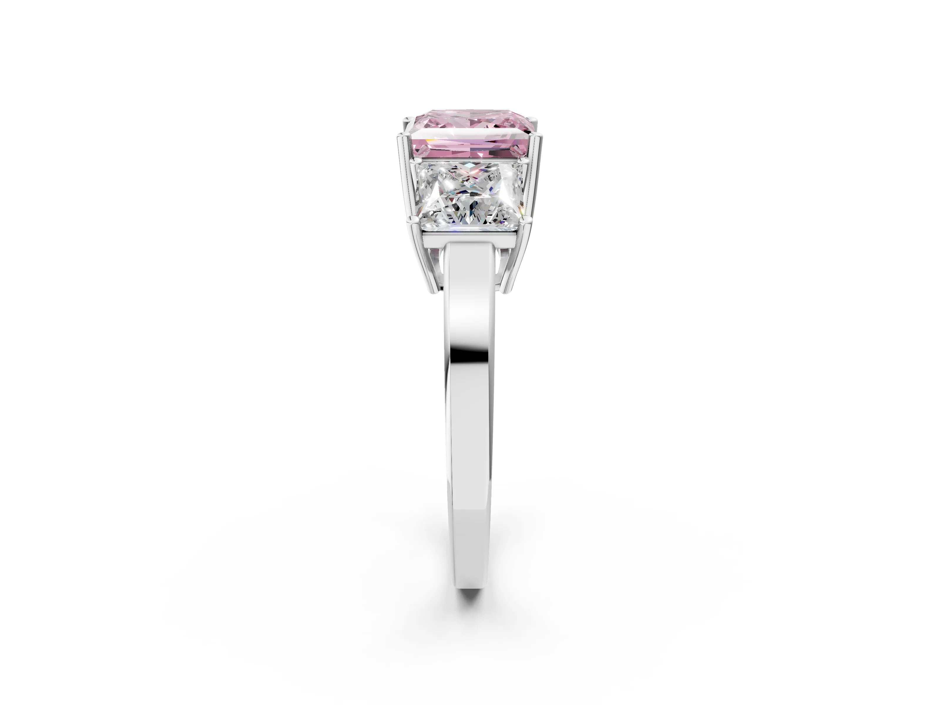 White gold Three-Stone Fancy Pink Princess Cut Cut Diamond Engagement Ring with Flat Band and Four-Prong Setting_2