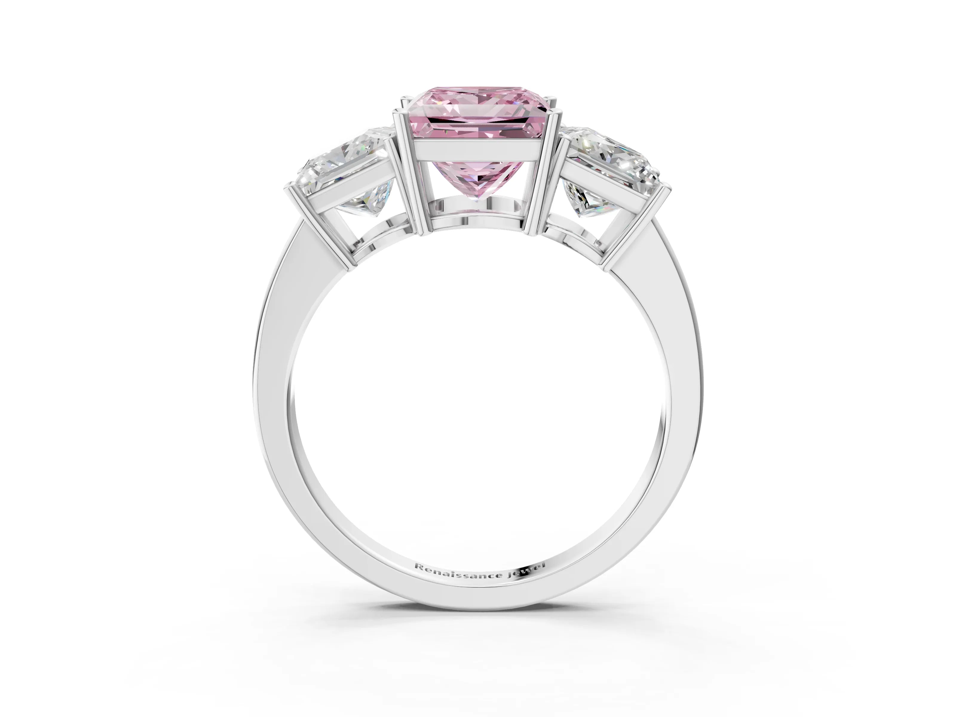 White gold Three-Stone Fancy Pink Princess Cut Cut Diamond Engagement Ring with Flat Band and Four-Prong Setting_3