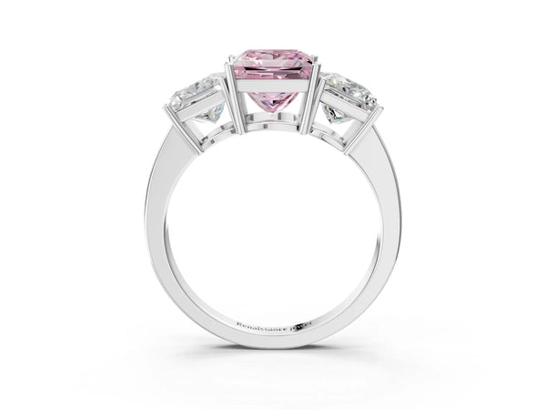 White gold Three-Stone Fancy Pink Princess Cut Cut Diamond Engagement Ring with Flat Band and Four-Prong Setting
