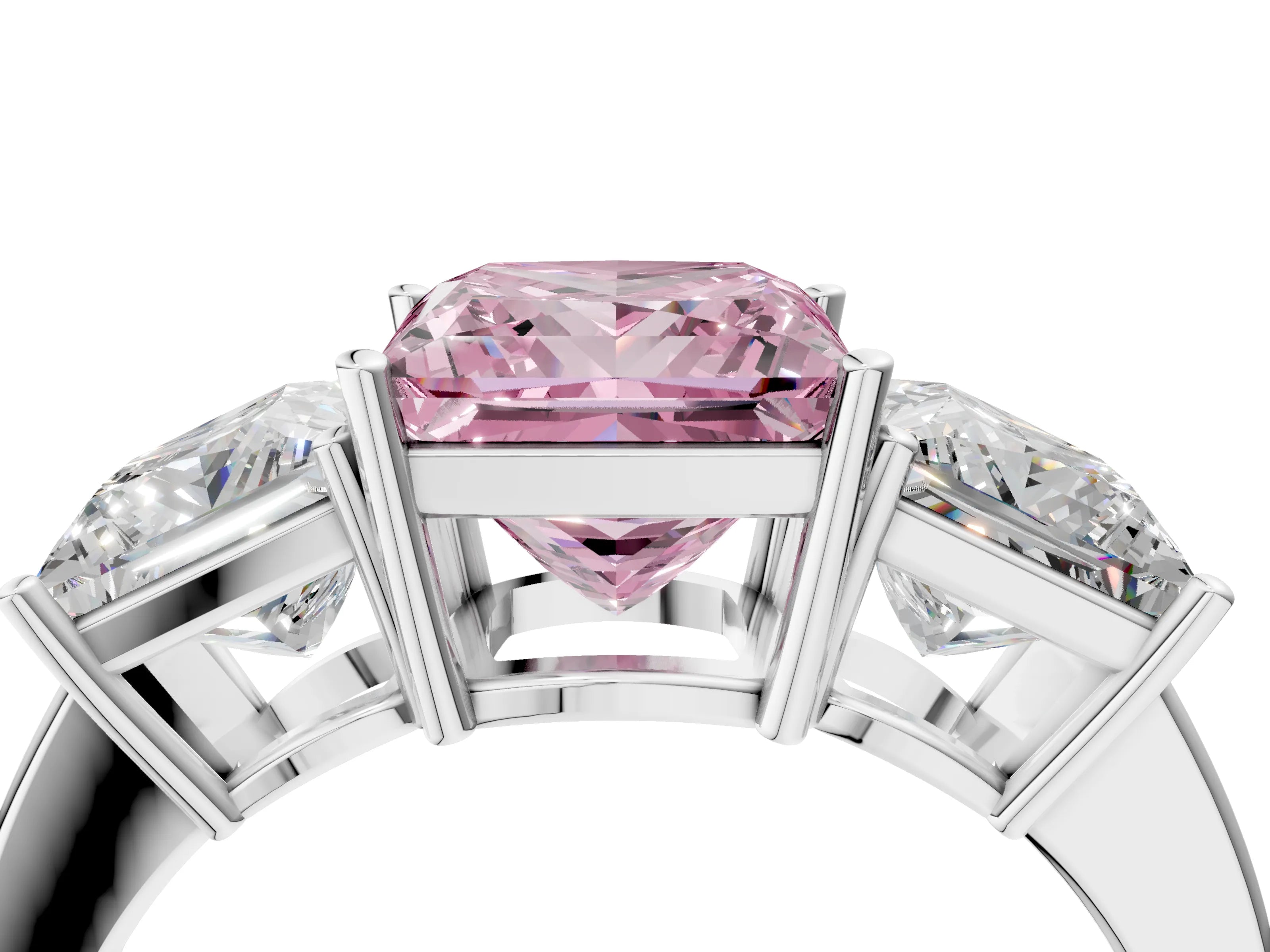 White gold Three-Stone Fancy Pink Princess Cut Cut Diamond Engagement Ring with Flat Band and Four-Prong Setting_4