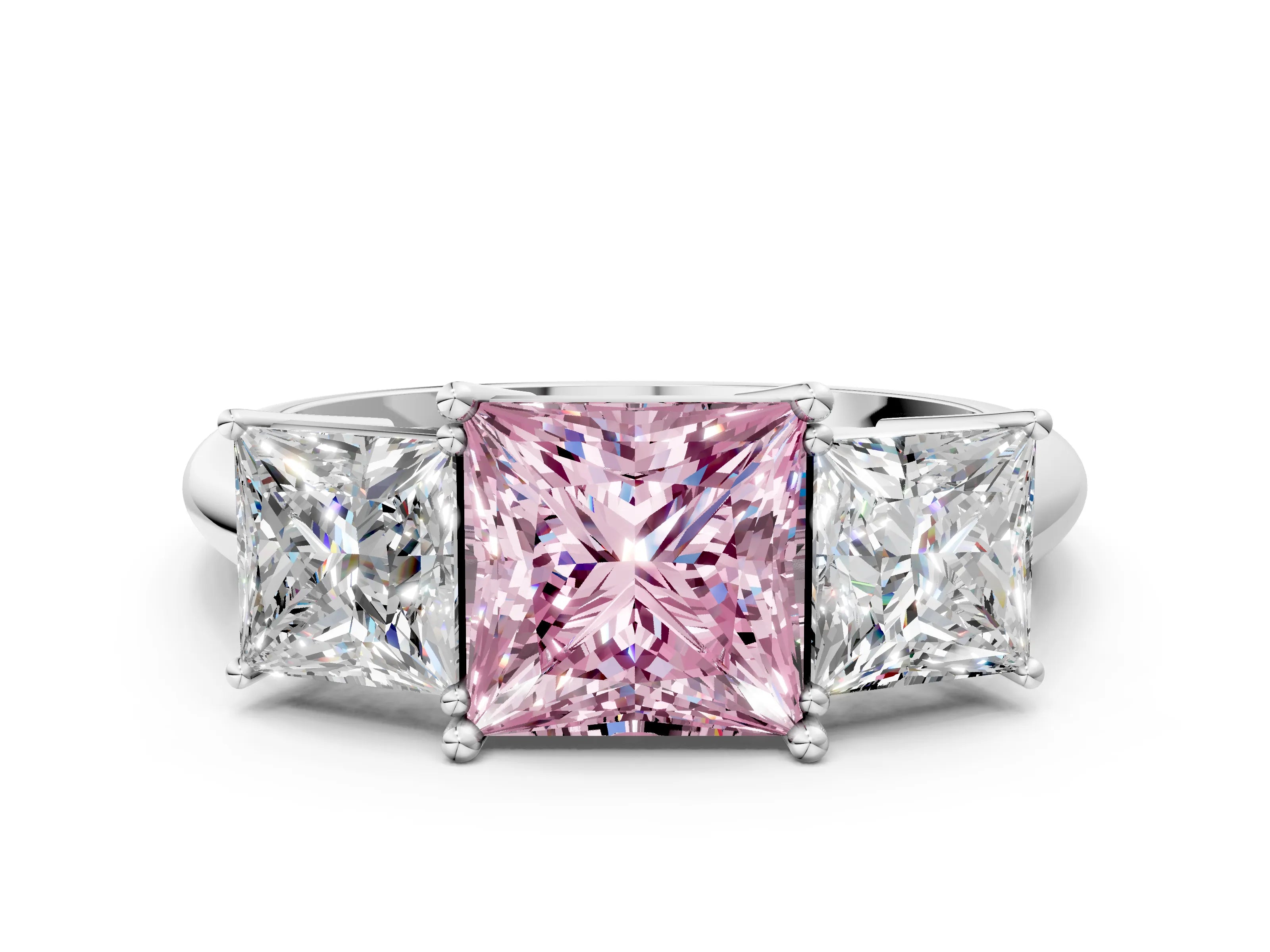 White gold Three-Stone Fancy Pink Princess Cut Cut Diamond Engagement Ring with Prong Setting on a White Gold Band_12