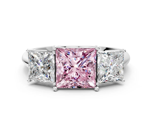 White gold Three-Stone Fancy Pink Princess Cut Cut Diamond Engagement Ring with Prong Setting on a White Gold Band