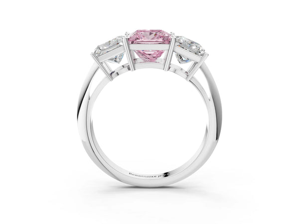 White gold Three-Stone Fancy Pink Princess Cut Cut Diamond Engagement Ring with Prong Setting on a White Gold Band