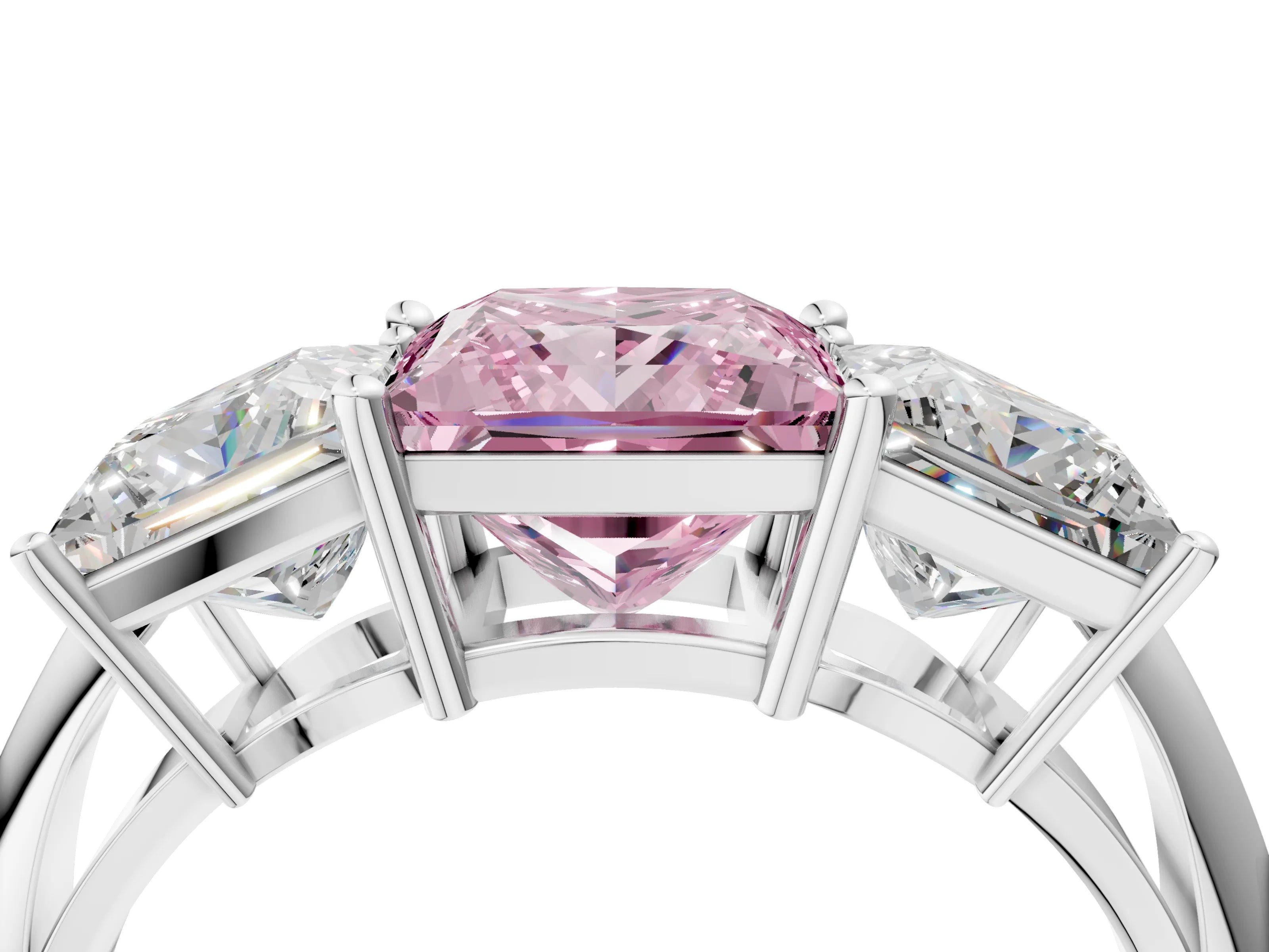 White gold Three-Stone Fancy Pink Princess Cut Cut Diamond Engagement Ring with Prong Setting on a White Gold Band_4
