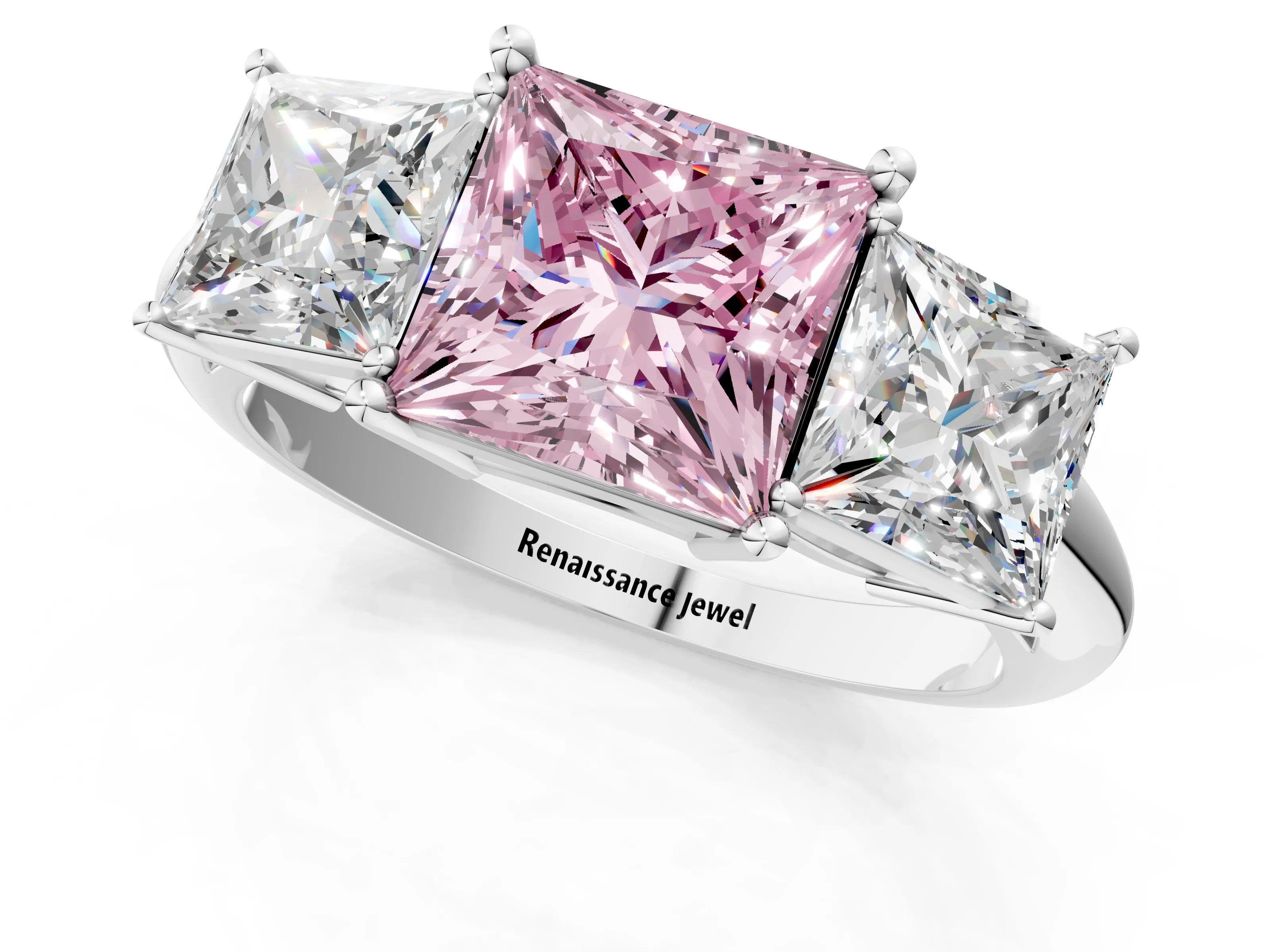 White gold Three-Stone Fancy Pink Princess Cut Cut Diamond Engagement Ring with Prong Setting on a White Gold Band_58