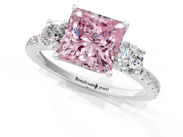 White gold Three-Stone Fancy Pink Princess Cut Cut Diamond Pavé Band with Prong Setting