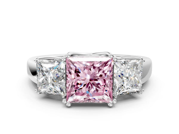 Platinum Three-Stone Fancy Pink Princess Cut Cut Diamond Ring with Channel Set Band and Four-Prong Setting