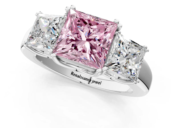 Platinum Three-Stone Fancy Pink Princess Cut Cut Diamond Ring with Channel Set Band and Four-Prong Setting