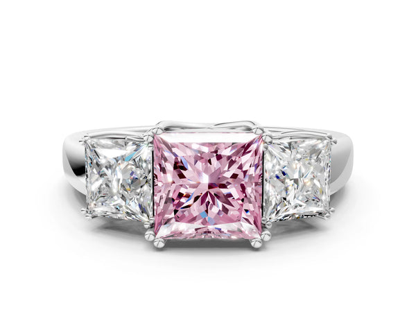 Platinum Three-Stone Fancy Pink Princess Cut Cut Diamond Ring with Channel Set Band and Four-Prong Setting