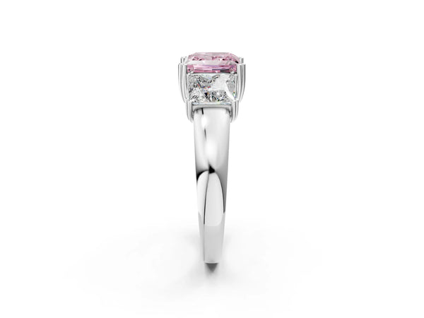 Platinum Three-Stone Fancy Pink Princess Cut Cut Diamond Ring with Channel Set Band and Four-Prong Setting